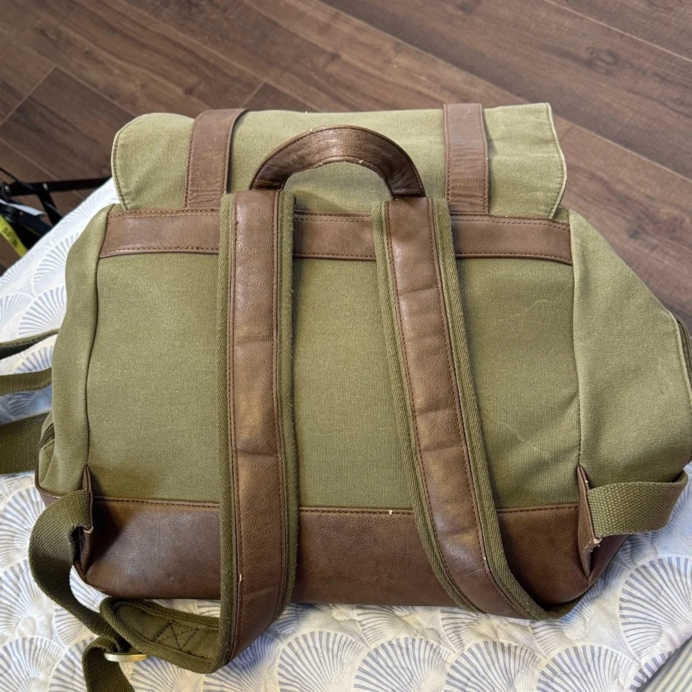 Little Unicorn Olive Canvas Leather Backpack Diaper Bag Waterproof Lining